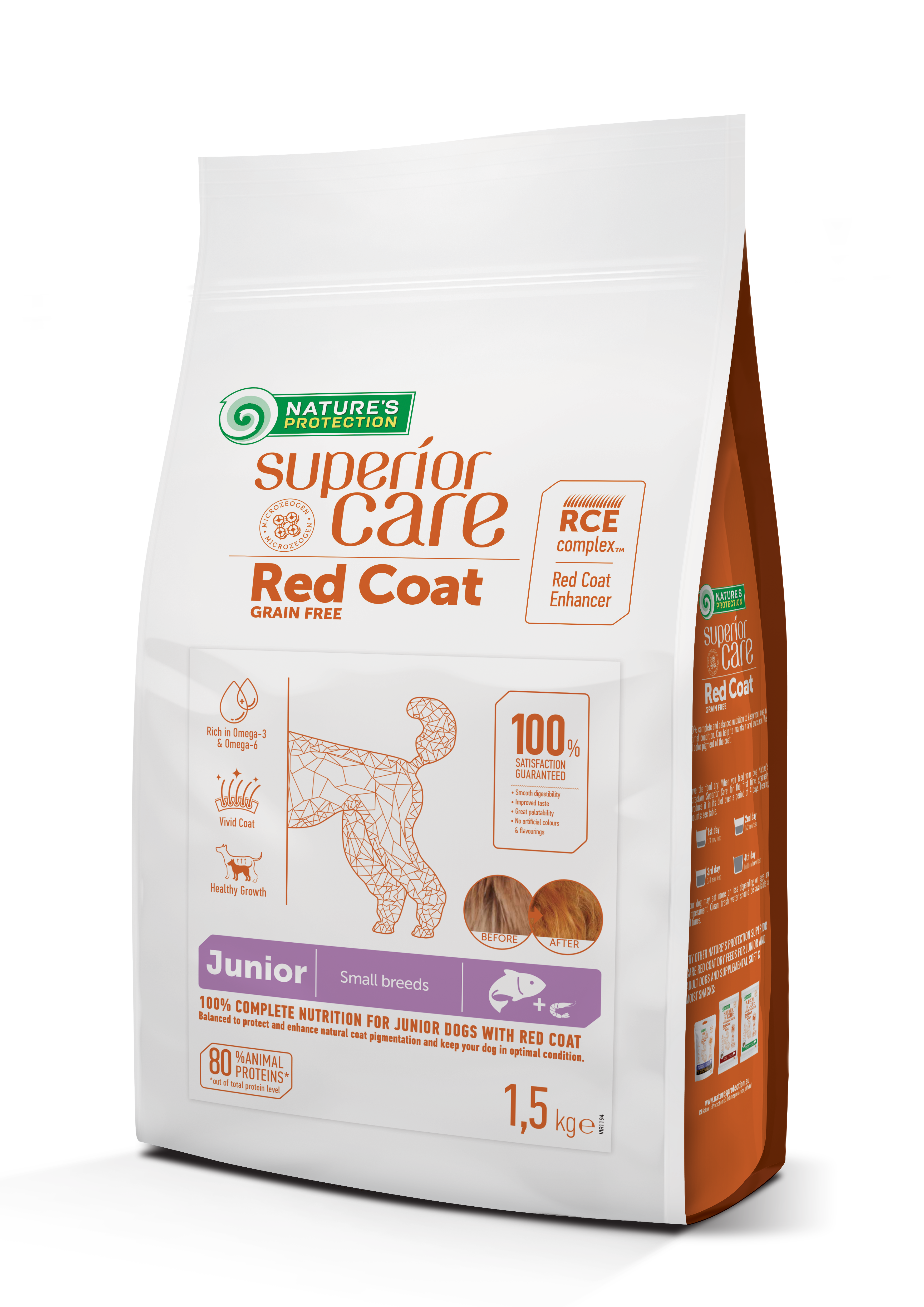 Nature's Protection Superior Care Red Coat Grain Free with Salmon for Junior Small Breed dogs.